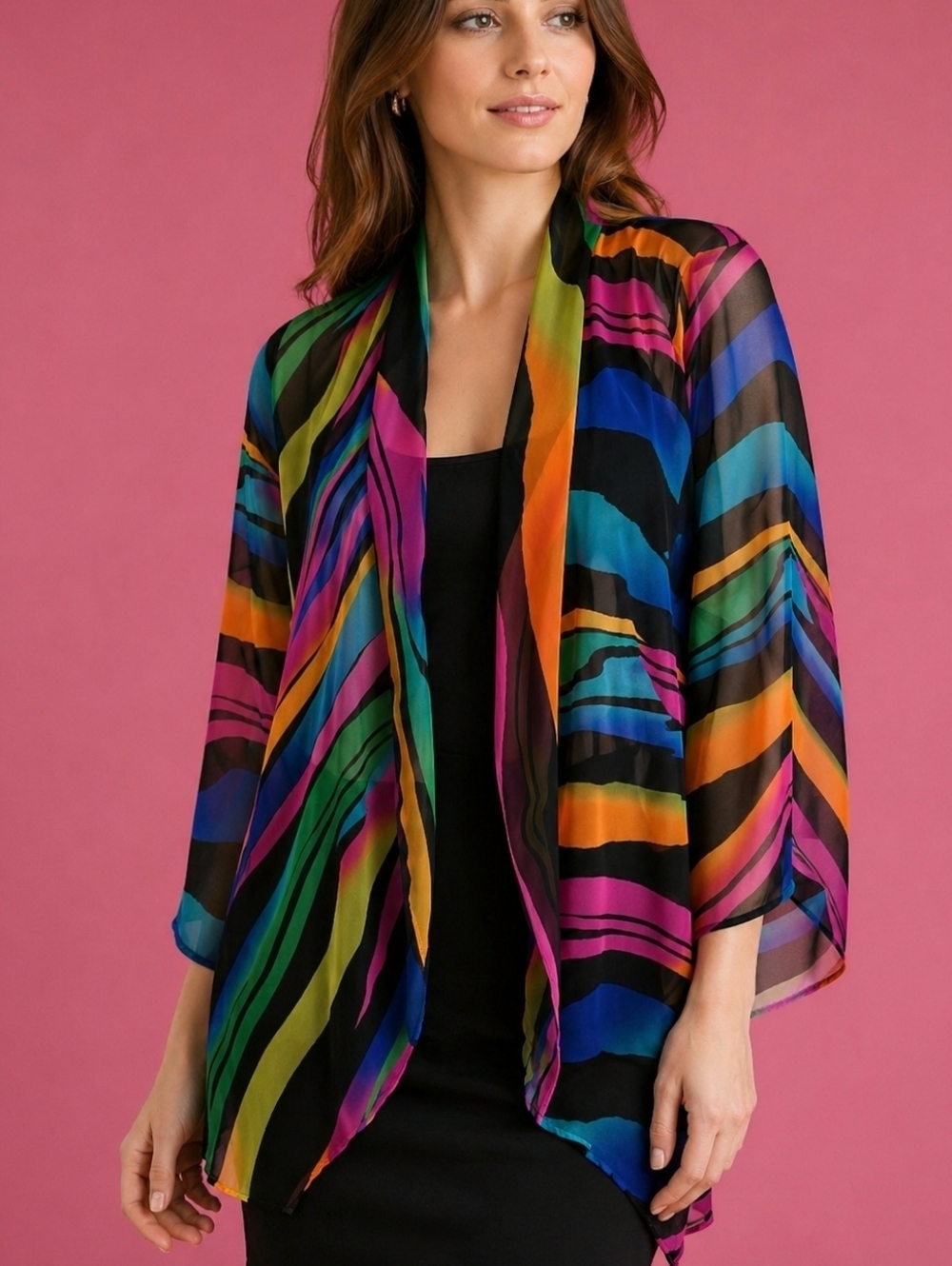 SLINKY BRAND 1990s Colorful Rainbow Artsy Open Front Chiffon Kimono